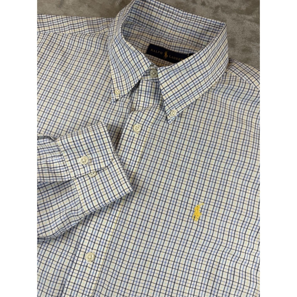 Polo Ralph Lauren Shirt Men 17 34/35 Yarmouth Classic Fit Blue Yellow Mini Check